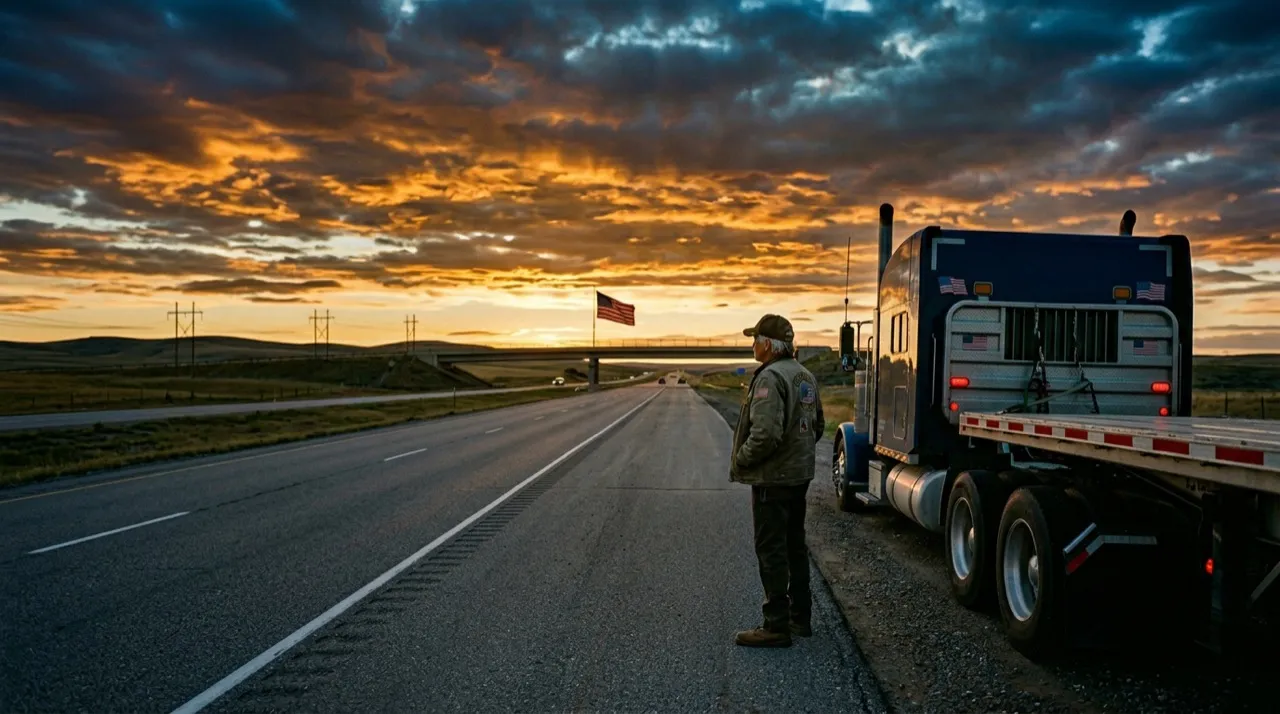A driver stands beside his rig at sunrise, an American flag flying over the interstate ahead