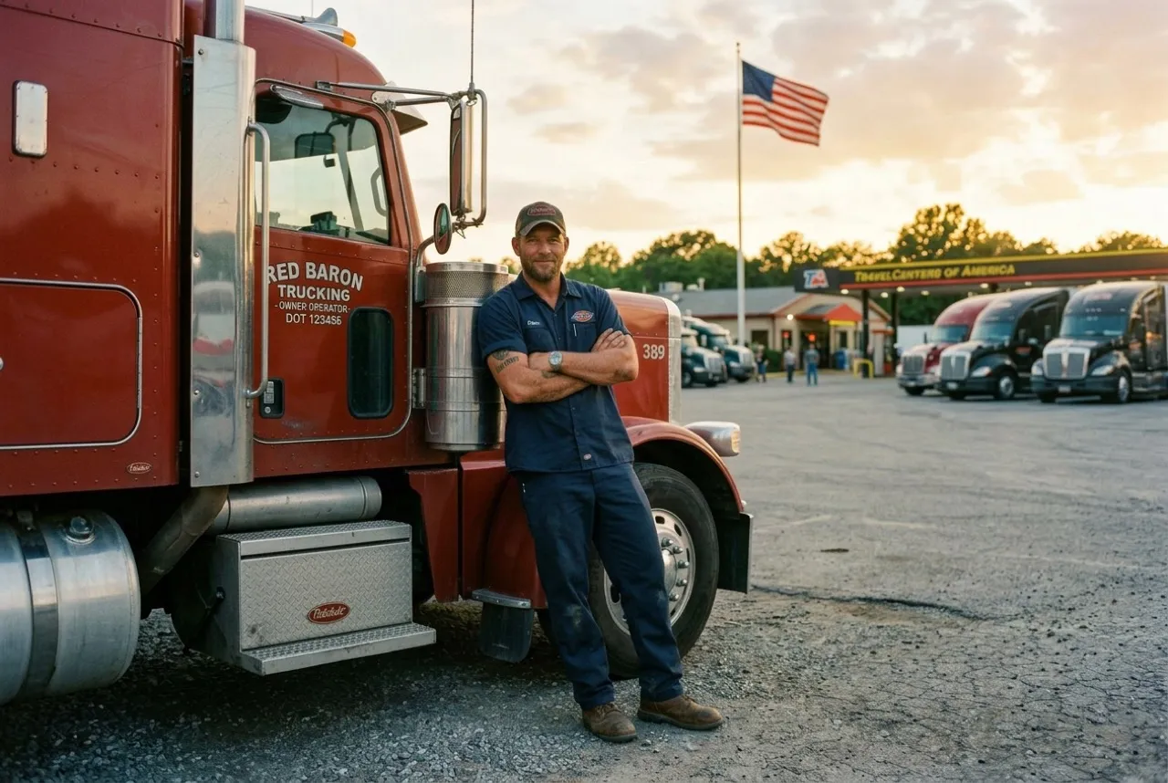 An owner-operator stands with his truck at a travel center as the flag flies at golden hour