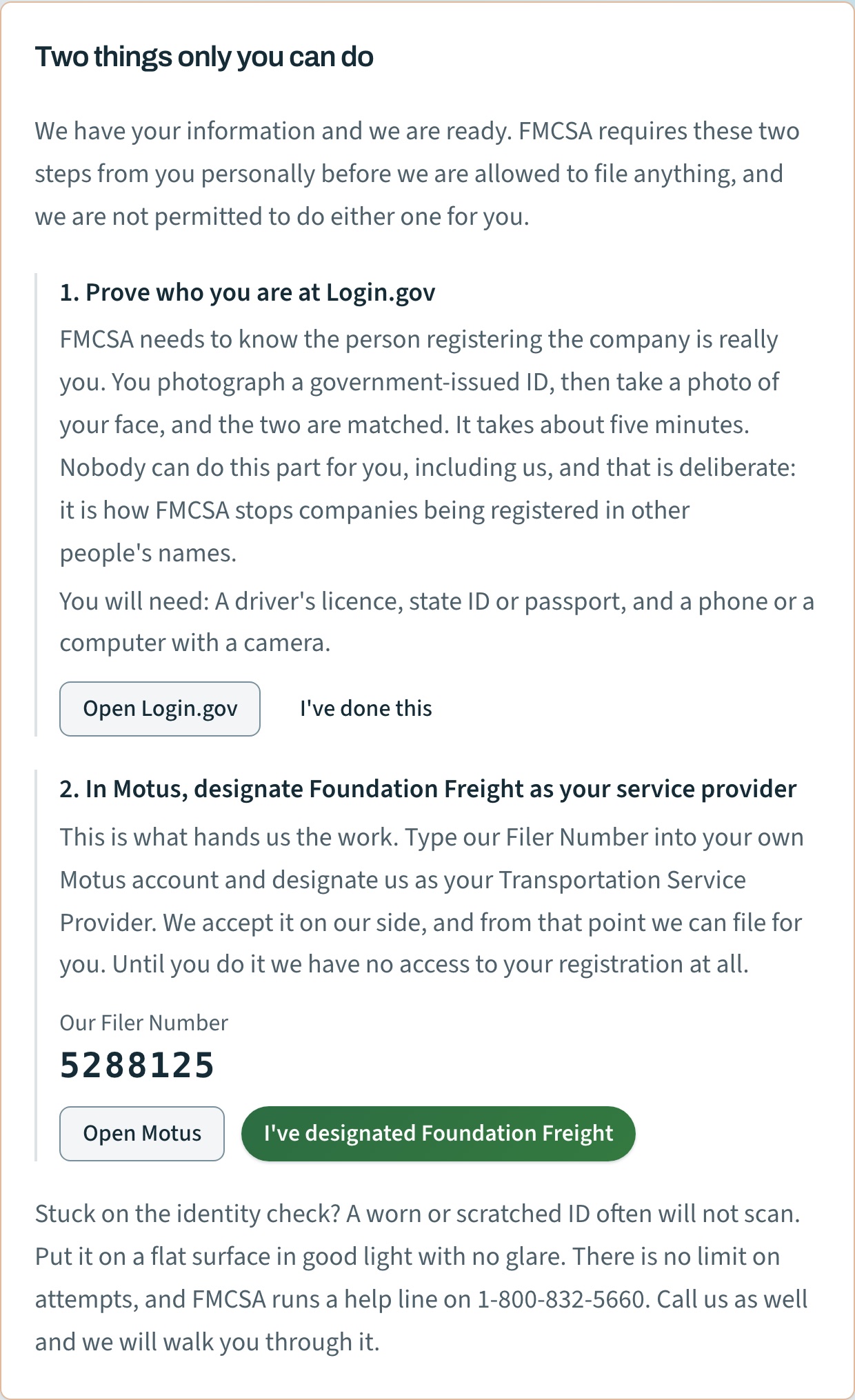 The portal dashboard: the two FMCSA steps only the customer can do, with the Login.gov and Motus buttons and Foundation Freight's filer number