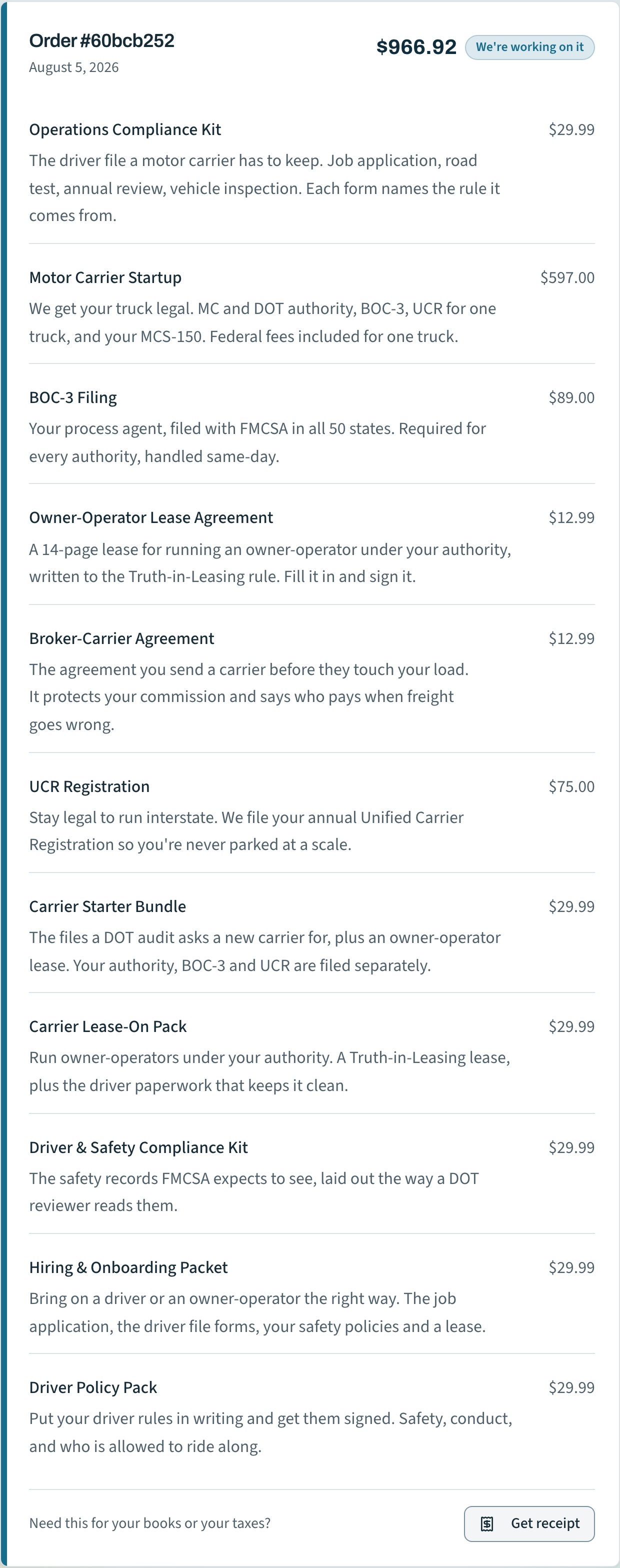 A customer order in the portal: eleven line items totalling $966.92, each with its price and a plain-English description