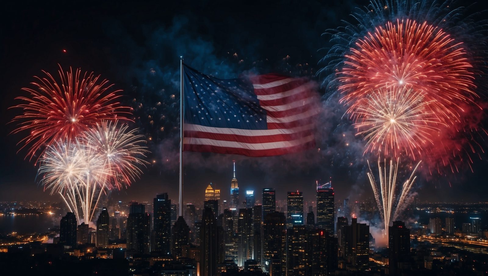 Fireworks over a city skyline with the American flag